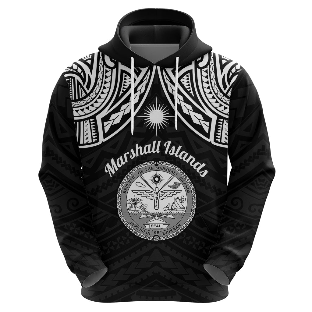 Personalised Marshall Islands Hoodie Black Polynesian Tribal Mix Coat Of Arms LT14