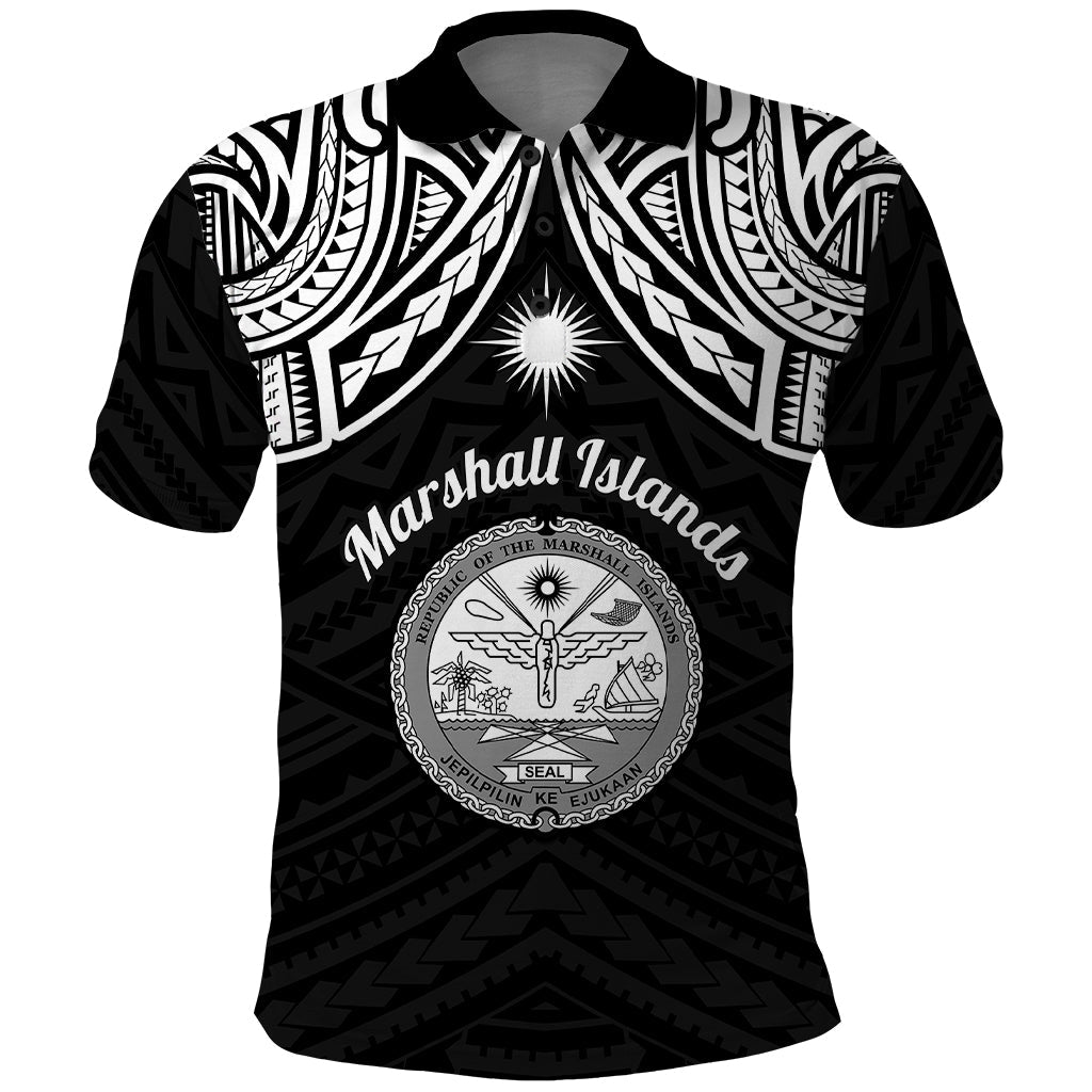 Personalised Marshall Islands Polo Shirt Black Polynesian Tribal Mix Coat Of Arms LT14