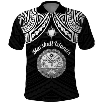 Personalised Marshall Islands Polo Shirt Black Polynesian Tribal Mix Coat Of Arms LT14