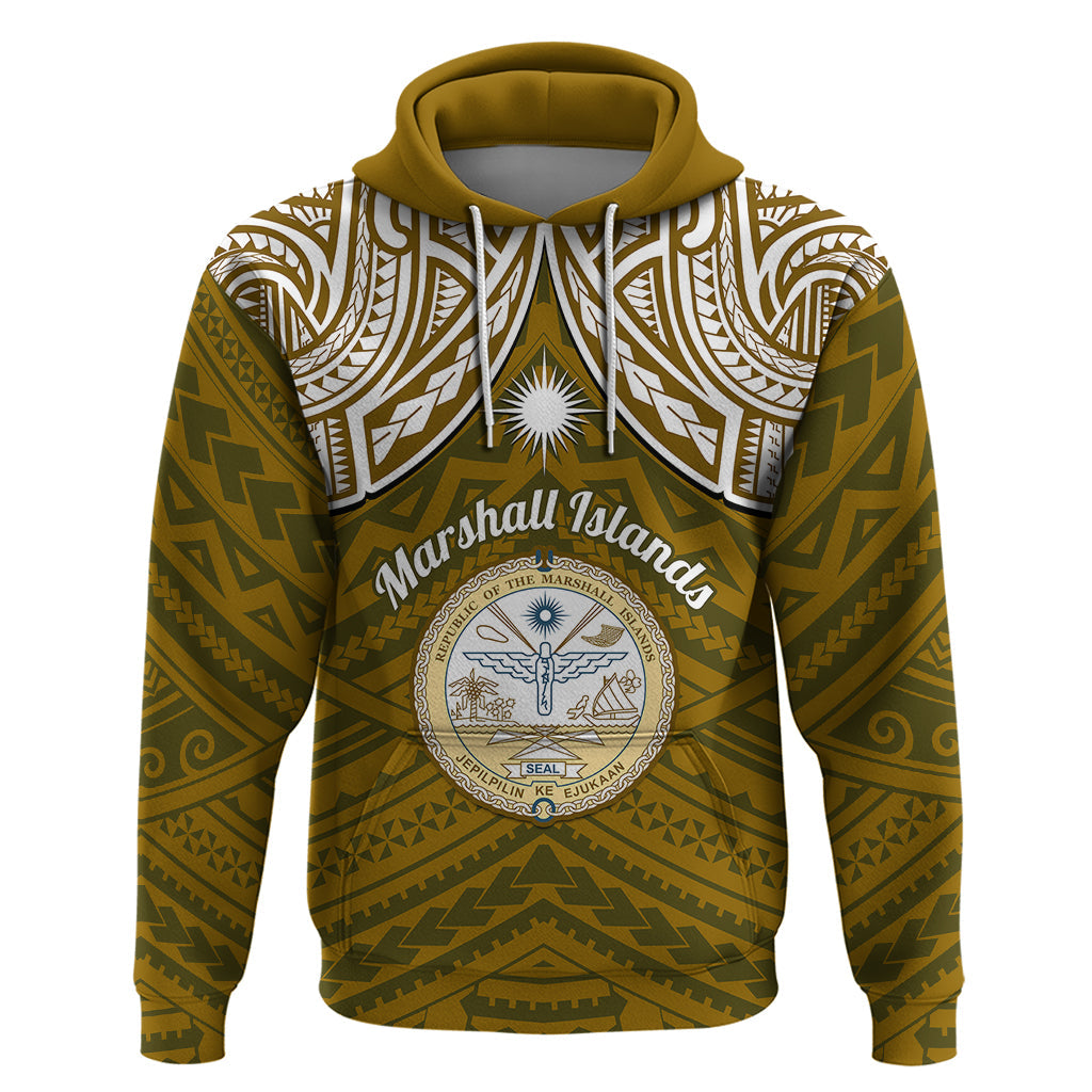 Personalised Marshall Islands Hoodie Gold Polynesian Tribal Mix Coat Of Arms LT14
