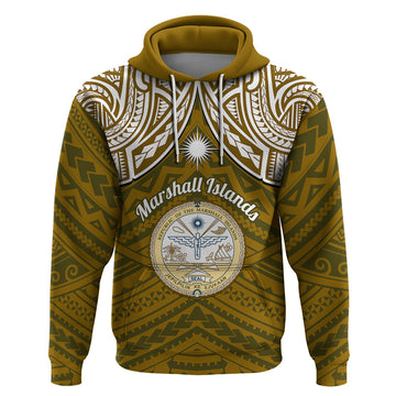 Personalised Marshall Islands Hoodie Gold Polynesian Tribal Mix Coat Of Arms LT14