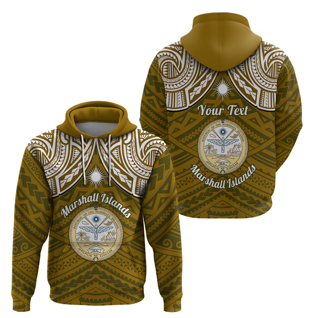 Personalised Marshall Islands Hoodie Gold Polynesian Tribal Mix Coat Of Arms LT14