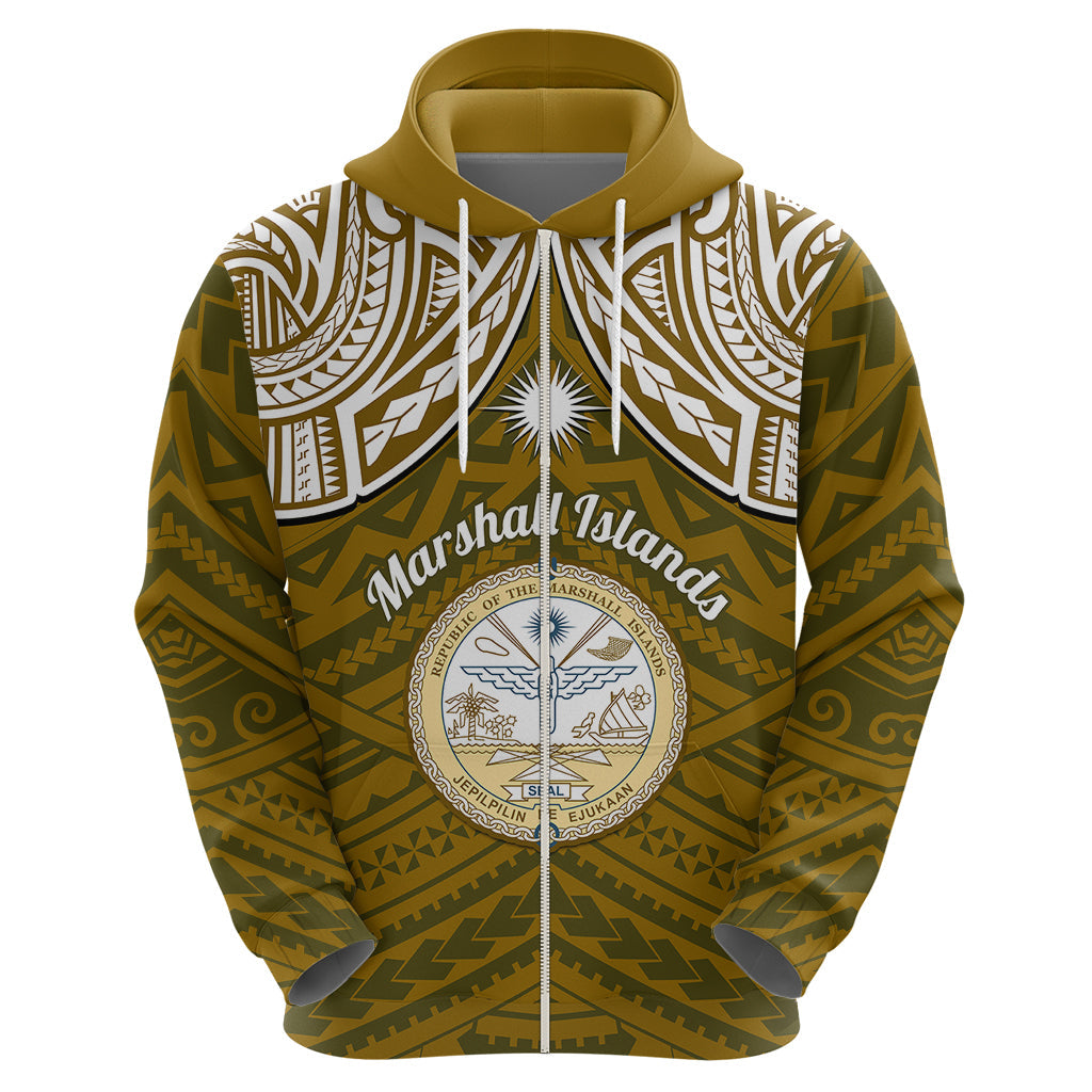 Personalised Marshall Islands Hoodie Gold Polynesian Tribal Mix Coat Of Arms LT14