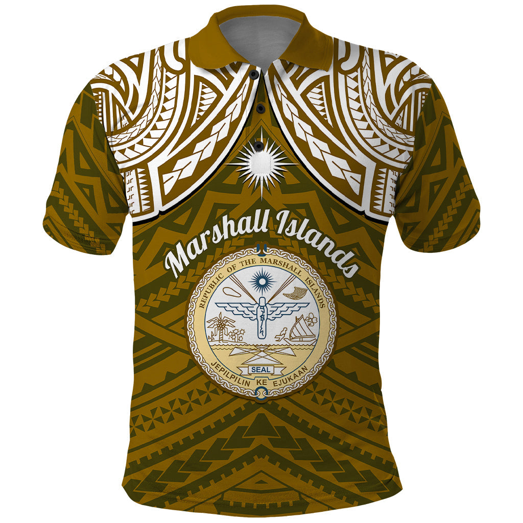 Personalised Marshall Islands Polo Shirt Gold Polynesian Tribal Mix Coat Of Arms LT14