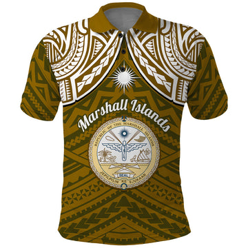 Personalised Marshall Islands Polo Shirt Gold Polynesian Tribal Mix Coat Of Arms LT14