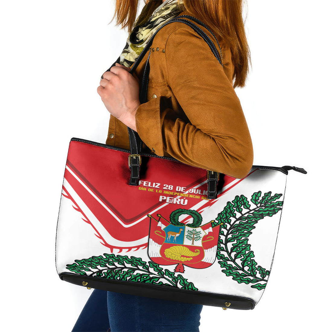 Peru Independence Day Leather Tote Bag Peruvian Coat Of Arms Feliz 28 de Julio LT14
