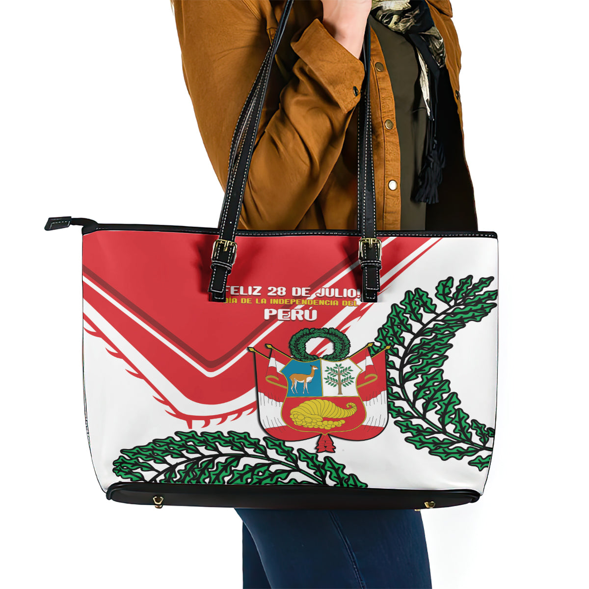 Peru Independence Day Leather Tote Bag Peruvian Coat Of Arms Feliz 28 de Julio LT14