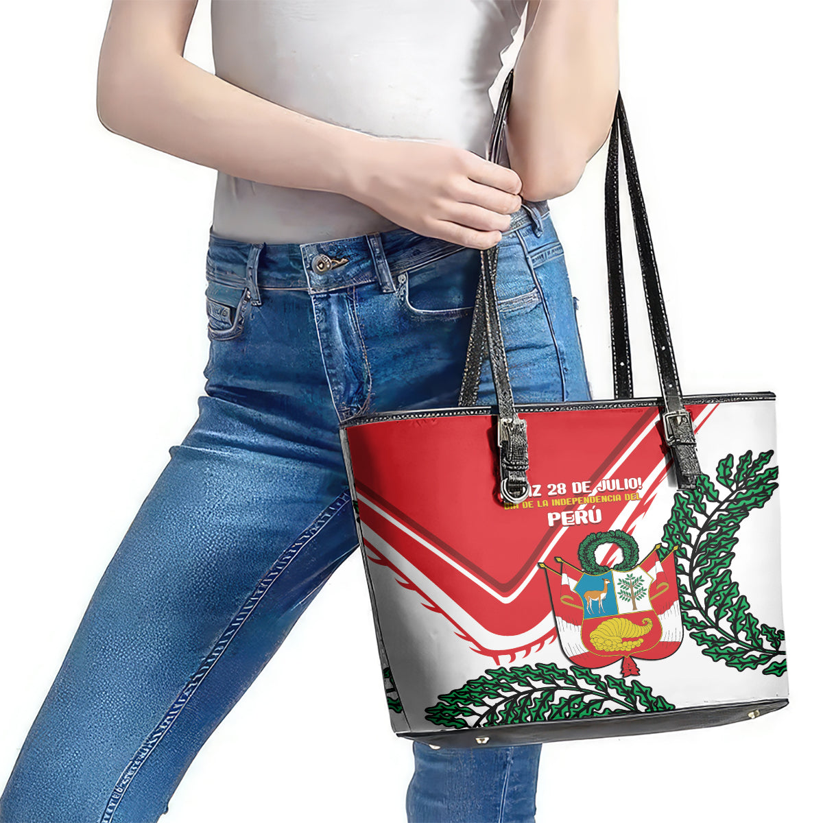 Peru Independence Day Leather Tote Bag Peruvian Coat Of Arms Feliz 28 de Julio LT14