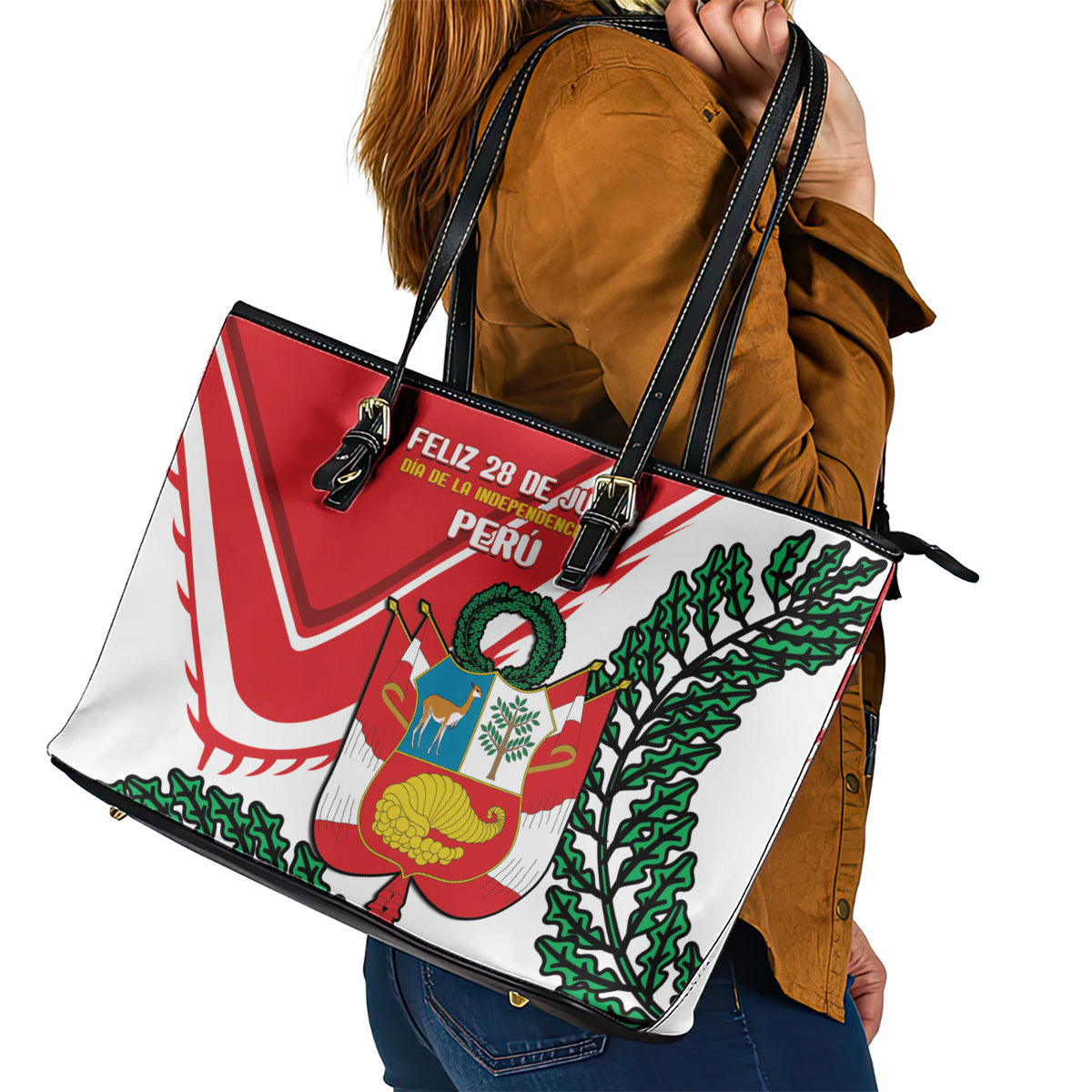 Peru Independence Day Leather Tote Bag Peruvian Coat Of Arms Feliz 28 de Julio LT14