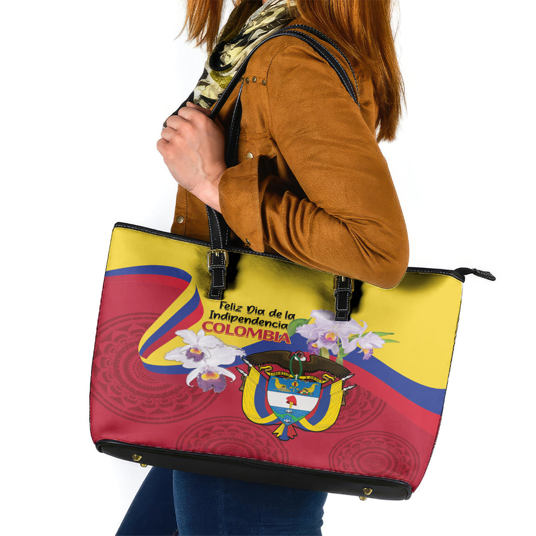 Colombia Independence Day Leather Tote Bag Feliz Dia de la Independencia LT14