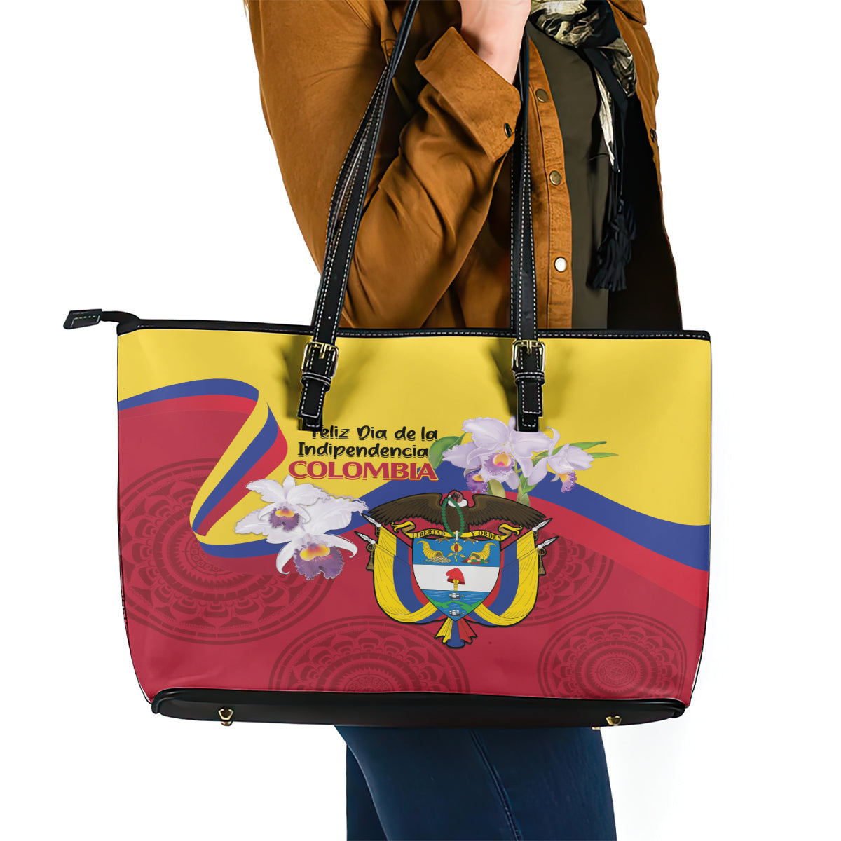 Colombia Independence Day Leather Tote Bag Feliz Dia de la Independencia LT14