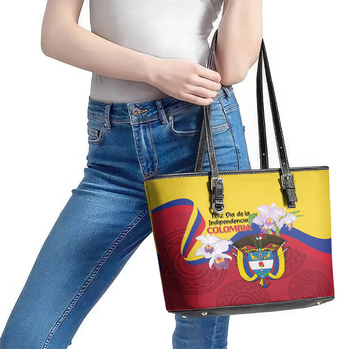 Colombia Independence Day Leather Tote Bag Feliz Dia de la Independencia LT14