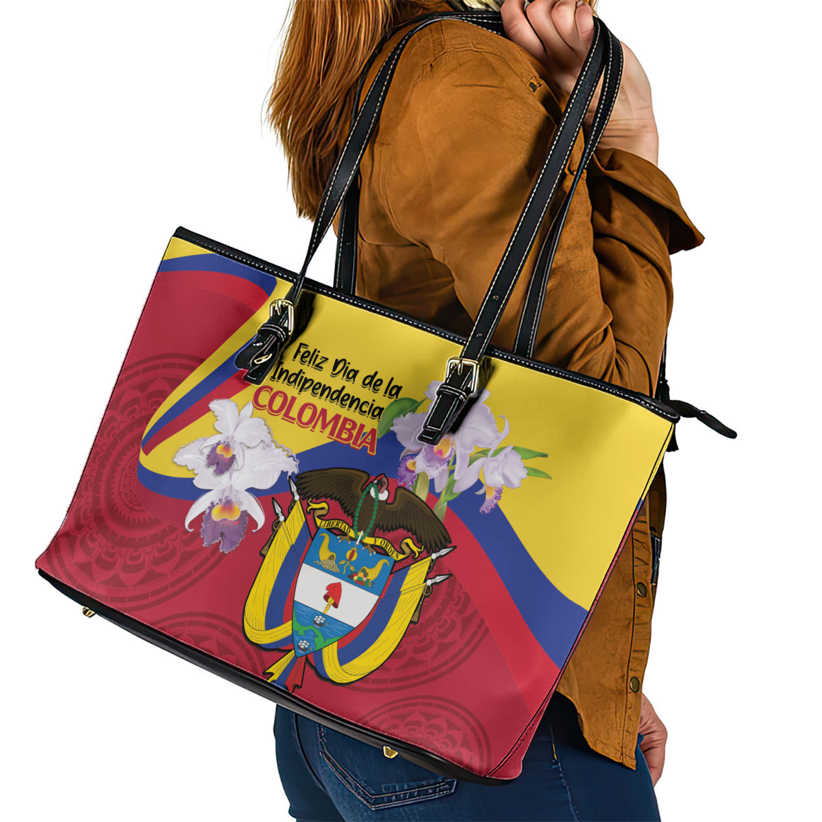 Colombia Independence Day Leather Tote Bag Feliz Dia de la Independencia LT14