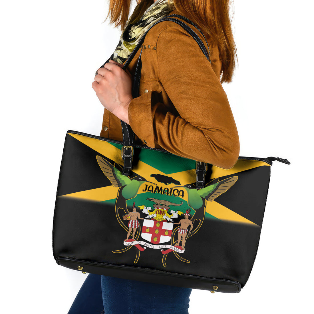 Jamaica Independence Day Leather Tote Bag Jumieka Coat Of Arms Mix Hummingbird LT14