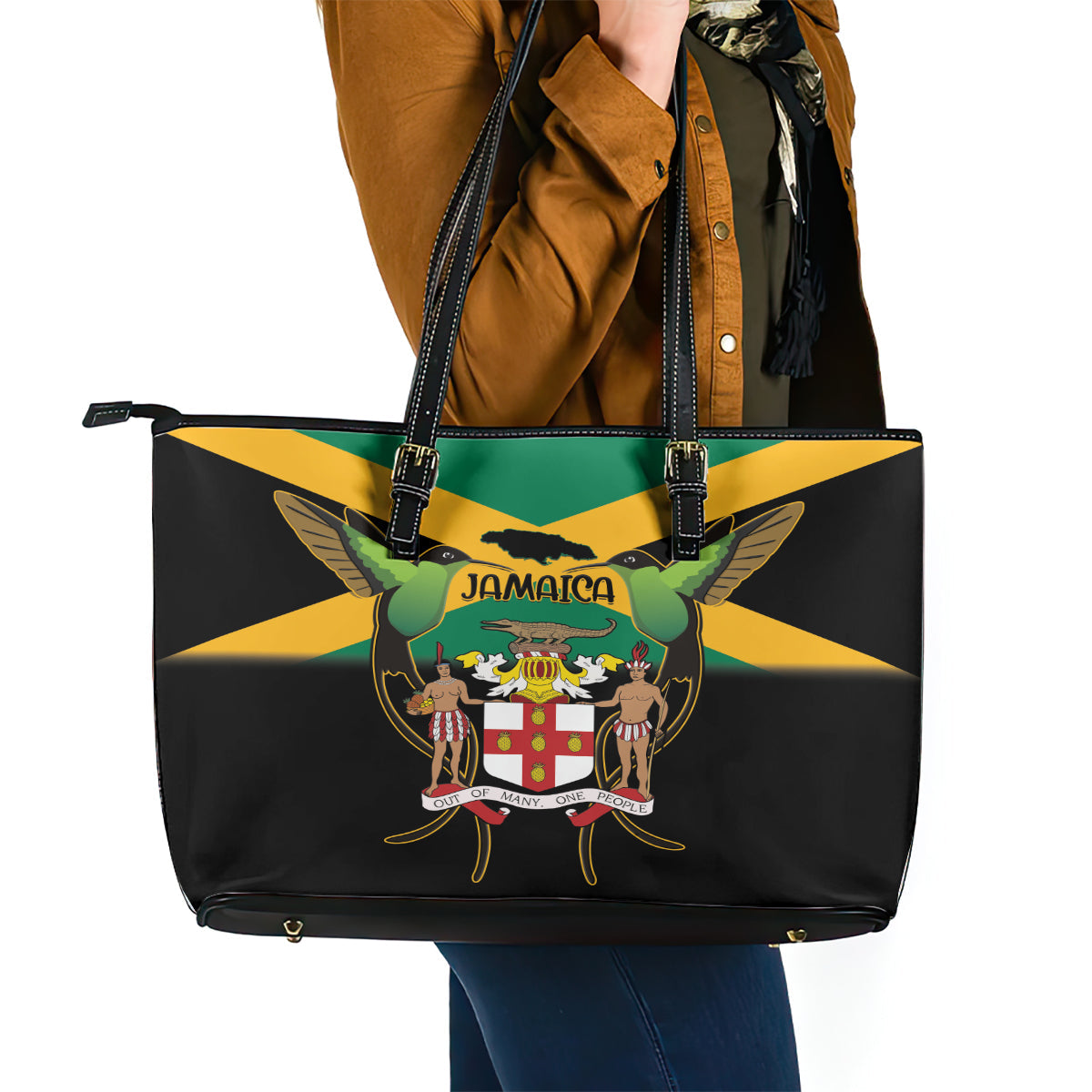 Jamaica Independence Day Leather Tote Bag Jumieka Coat Of Arms Mix Hummingbird LT14