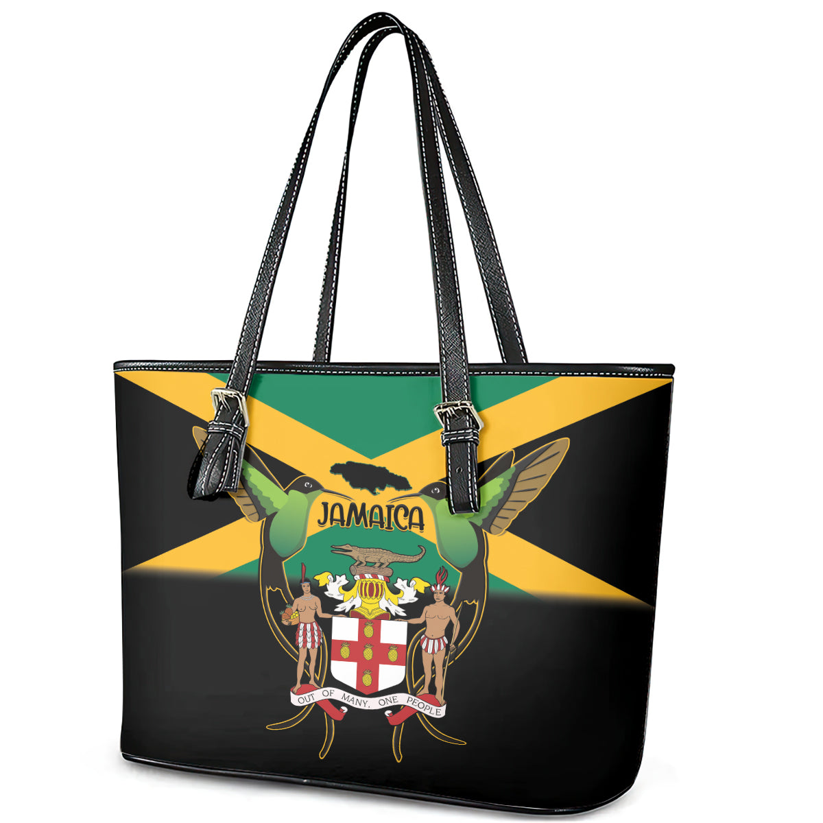 Jamaica Independence Day Leather Tote Bag Jumieka Coat Of Arms Mix Hummingbird LT14