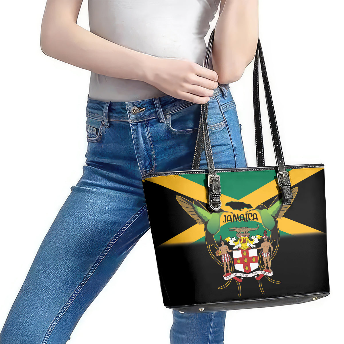 Jamaica Independence Day Leather Tote Bag Jumieka Coat Of Arms Mix Hummingbird LT14