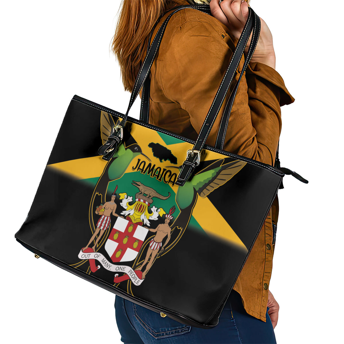 Jamaica Independence Day Leather Tote Bag Jumieka Coat Of Arms Mix Hummingbird LT14