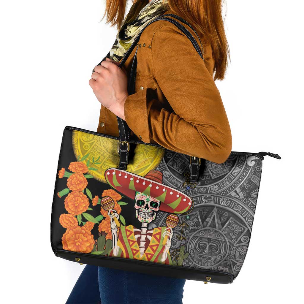 Mexico Dia De Los Muertos Leather Tote Bag Sugar Skull Sombrero Aztec Pattern LT14