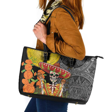 Mexico Dia De Los Muertos Leather Tote Bag Sugar Skull Sombrero Aztec Pattern LT14