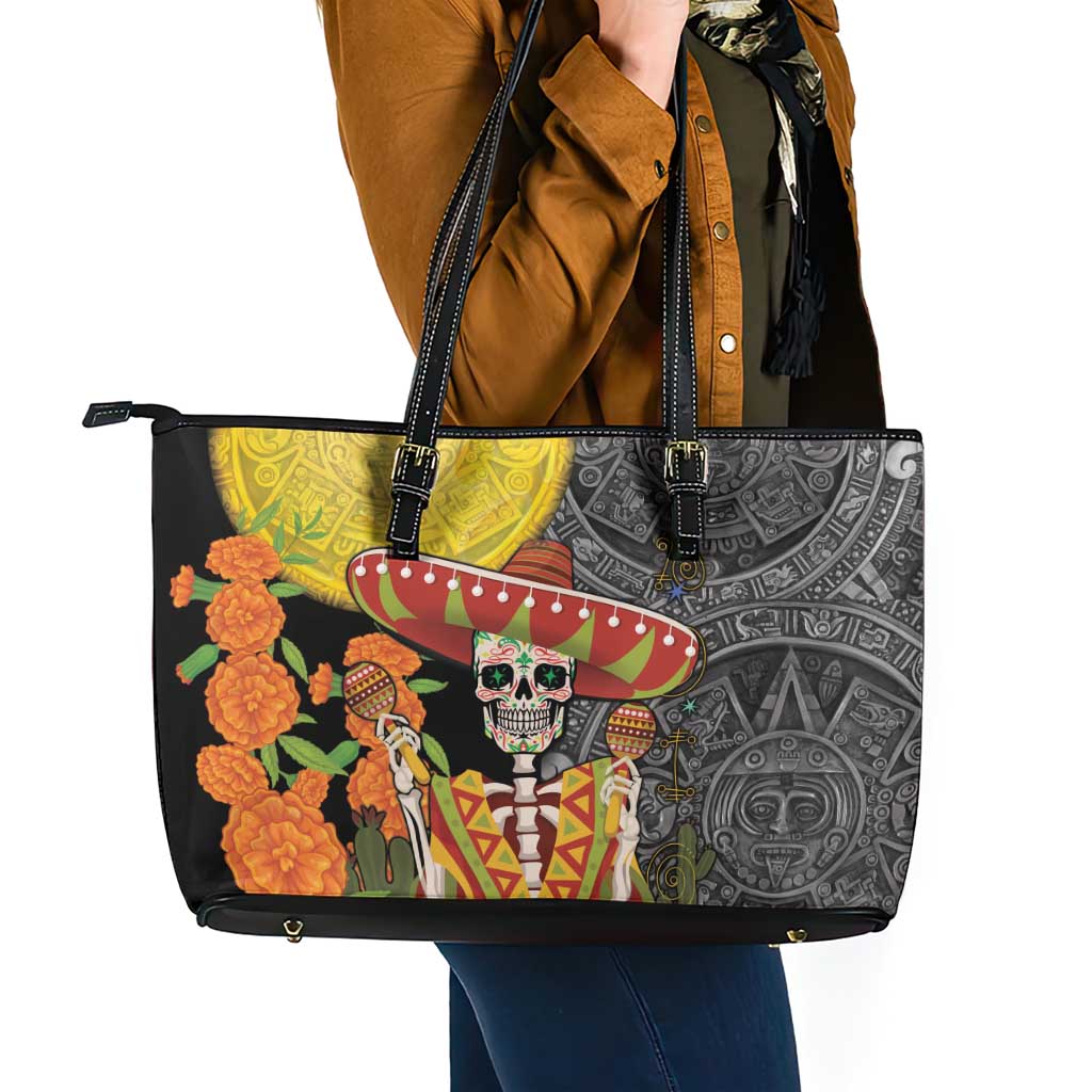 Mexico Dia De Los Muertos Leather Tote Bag Sugar Skull Sombrero Aztec Pattern LT14