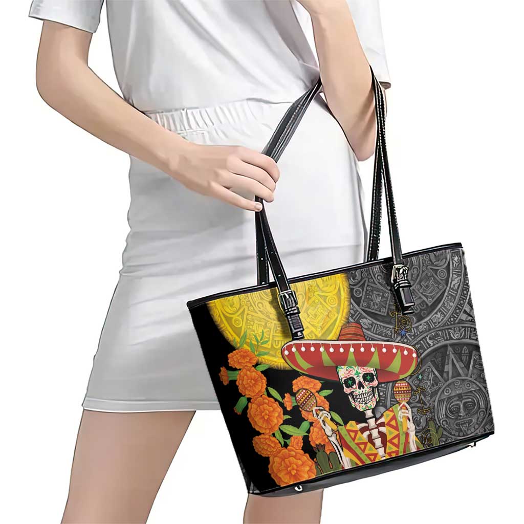 Mexico Dia De Los Muertos Leather Tote Bag Sugar Skull Sombrero Aztec Pattern LT14