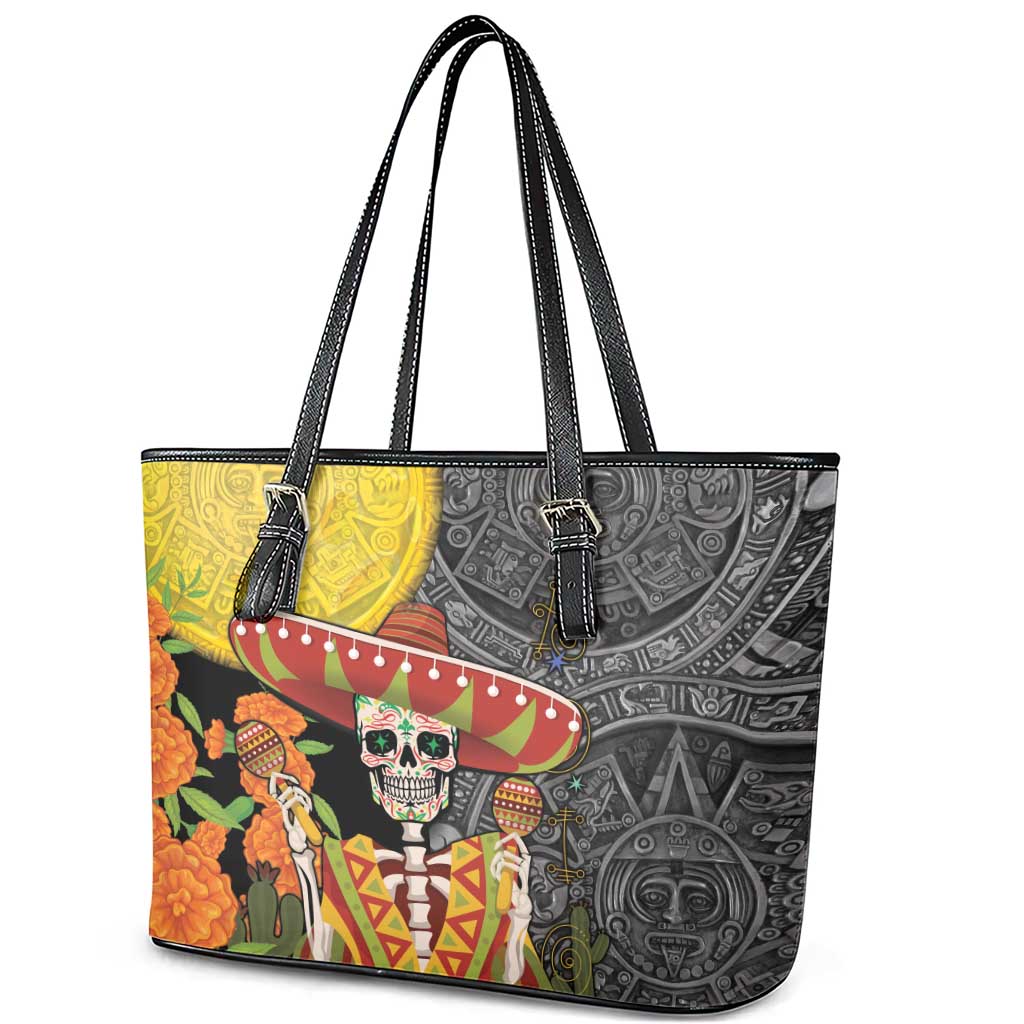 Mexico Dia De Los Muertos Leather Tote Bag Sugar Skull Sombrero Aztec Pattern LT14