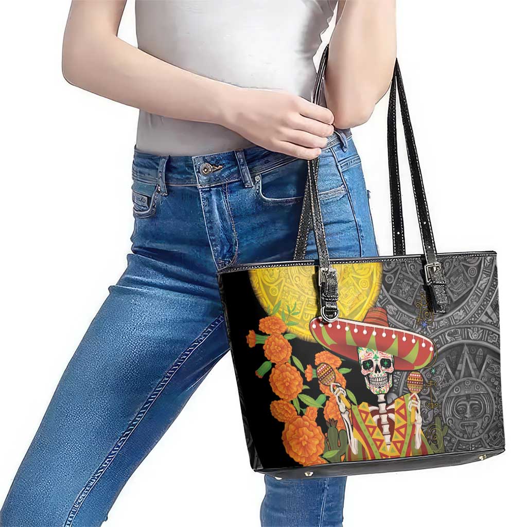 Mexico Dia De Los Muertos Leather Tote Bag Sugar Skull Sombrero Aztec Pattern LT14