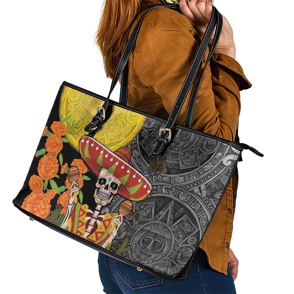 Mexico Dia De Los Muertos Leather Tote Bag Sugar Skull Sombrero Aztec Pattern LT14