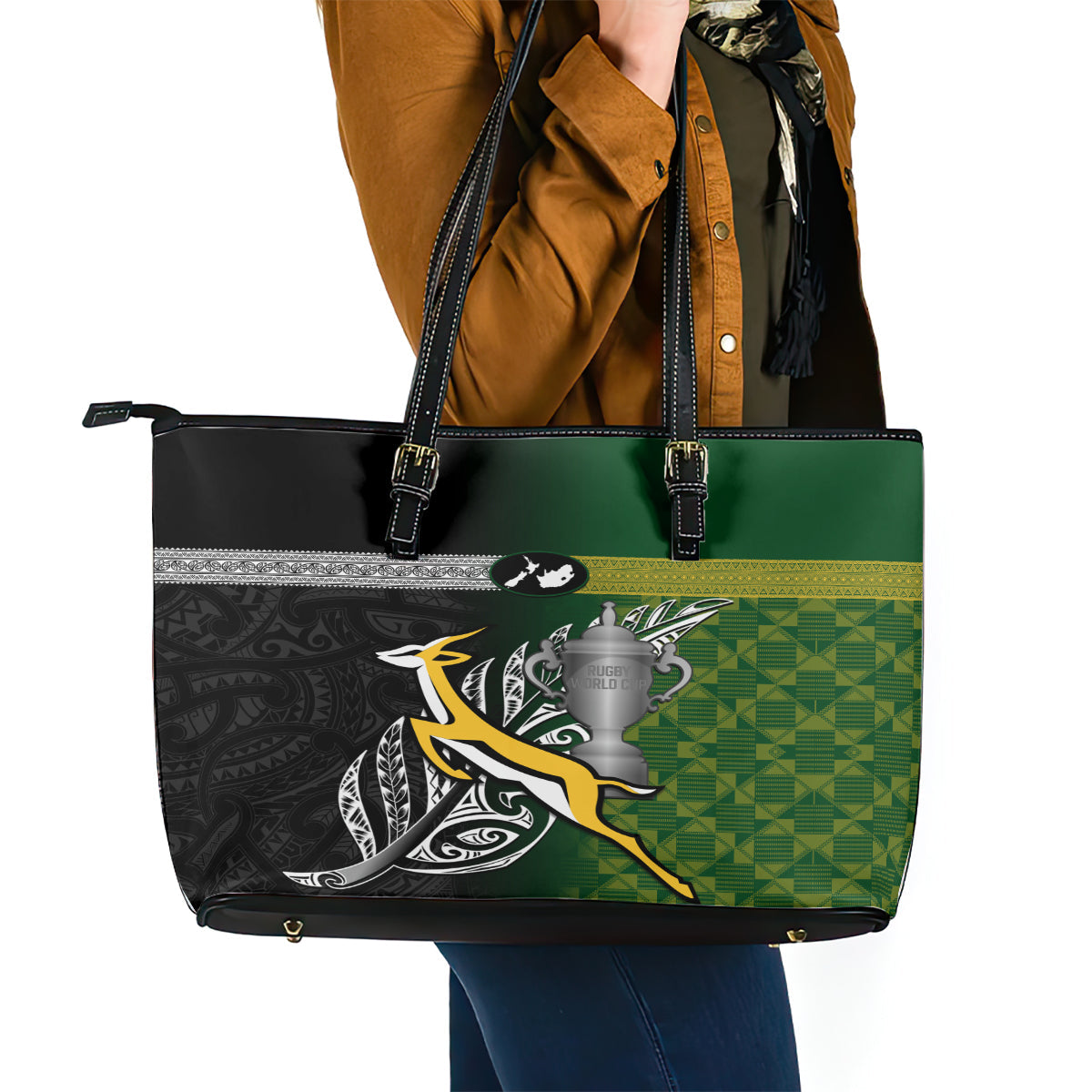 New Zealand and South Africa Rugby Leather Tote Bag 2023 World Cup Final All Black Springboks Together LT14
