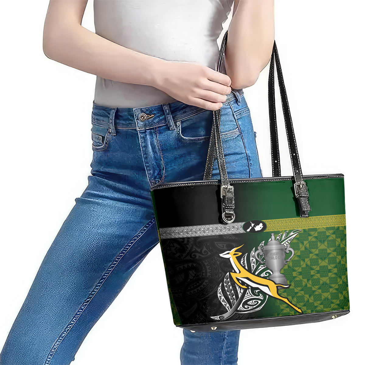 New Zealand and South Africa Rugby Leather Tote Bag 2023 World Cup Final All Black Springboks Together LT14