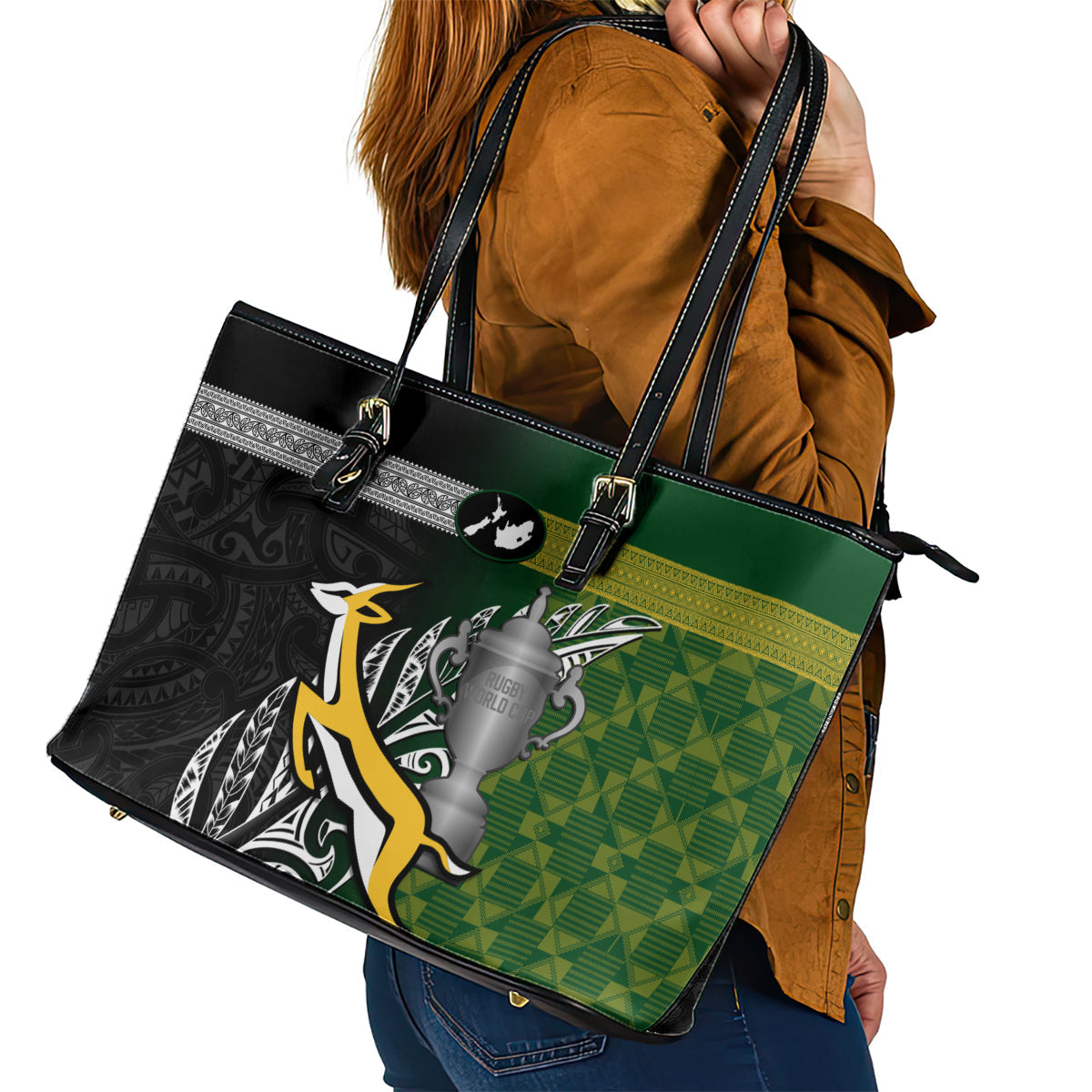 New Zealand and South Africa Rugby Leather Tote Bag 2023 World Cup Final All Black Springboks Together LT14