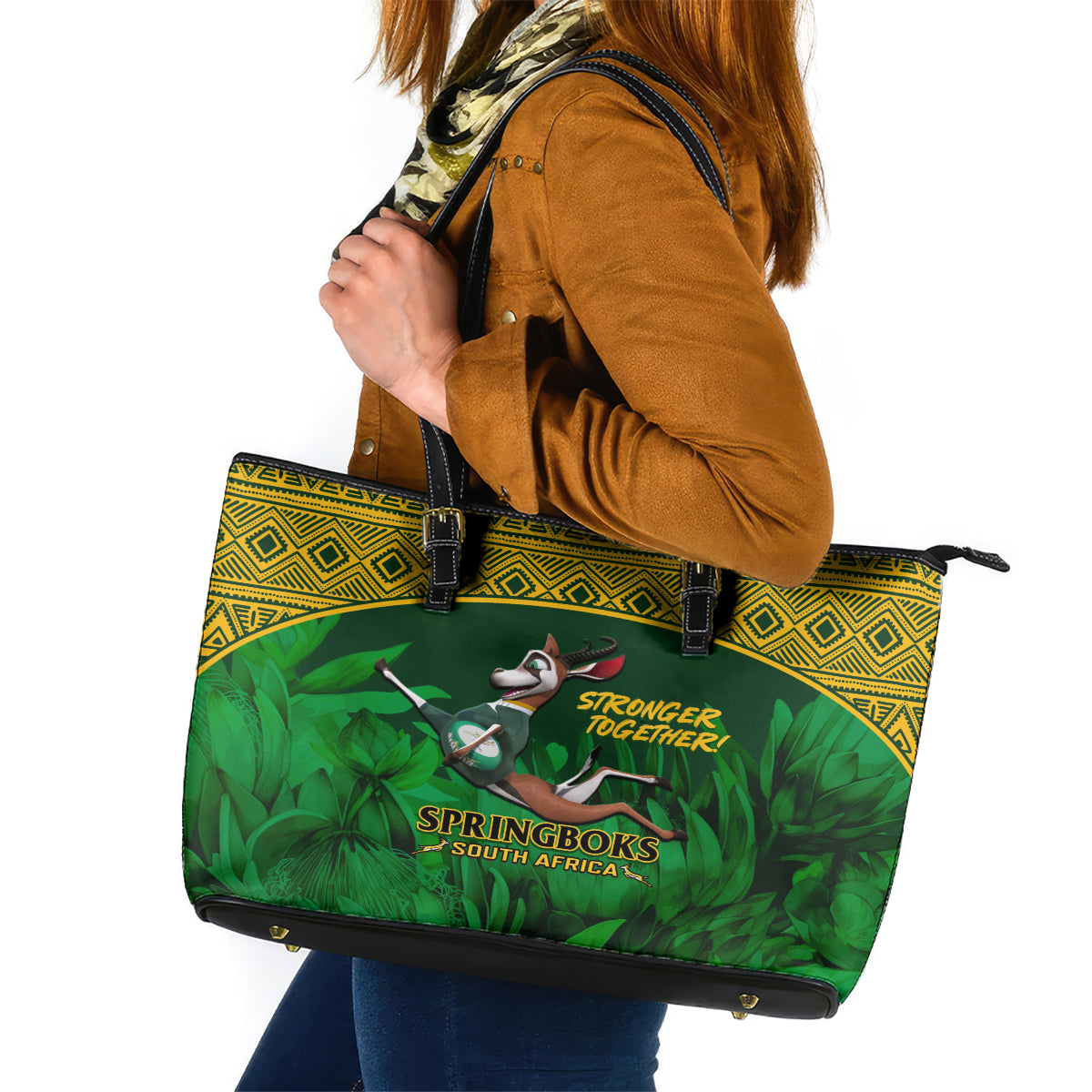 South Africa Rugby Leather Tote Bag Go Bokke World Cup Champions History LT14