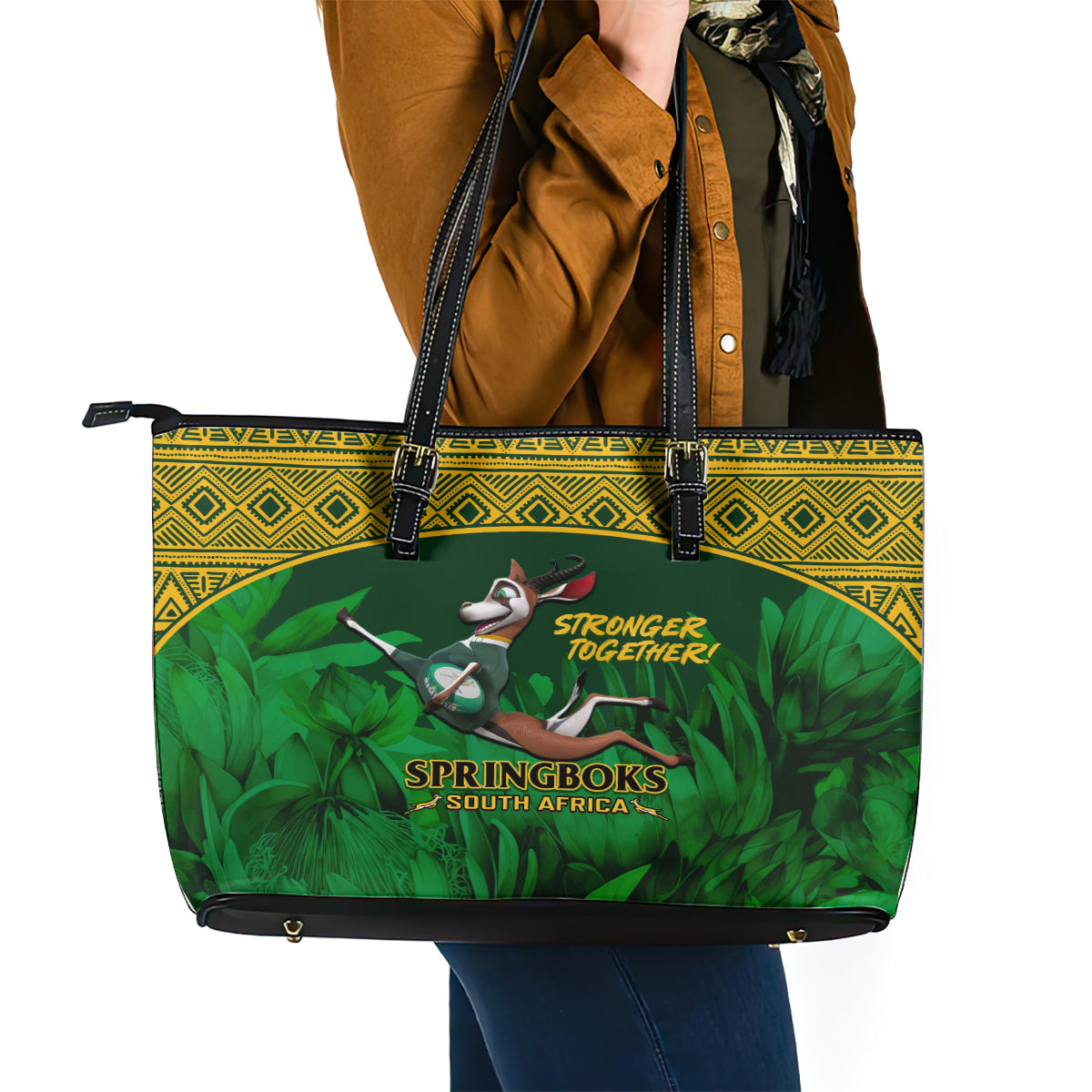 South Africa Rugby Leather Tote Bag Go Bokke World Cup Champions History LT14