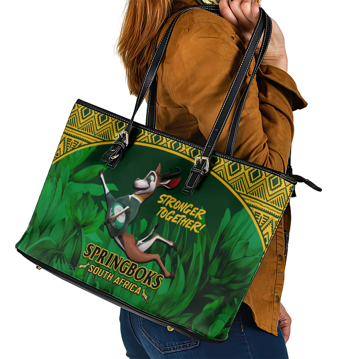 South Africa Rugby Leather Tote Bag Go Bokke World Cup Champions History LT14