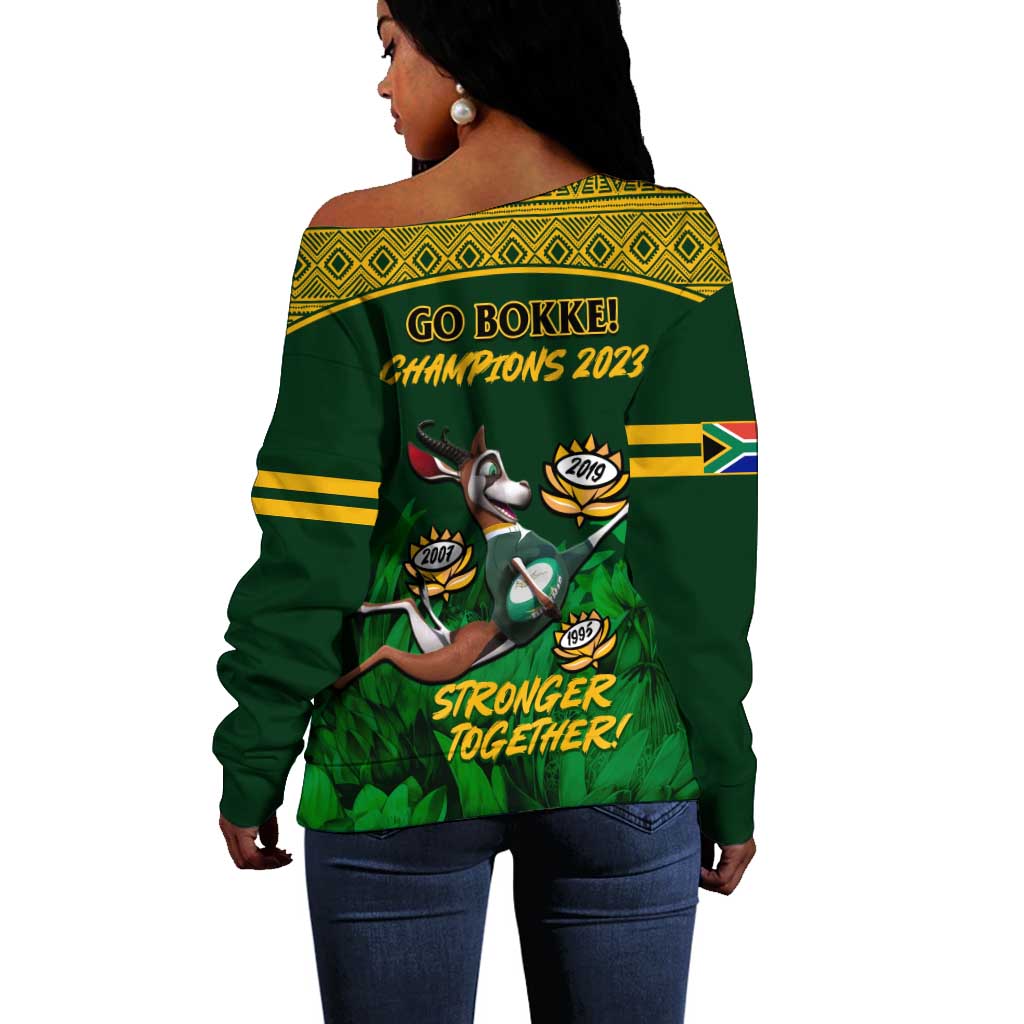 South Africa Rugby Off Shoulder Sweater Go Bokke World Cup Champions History LT14