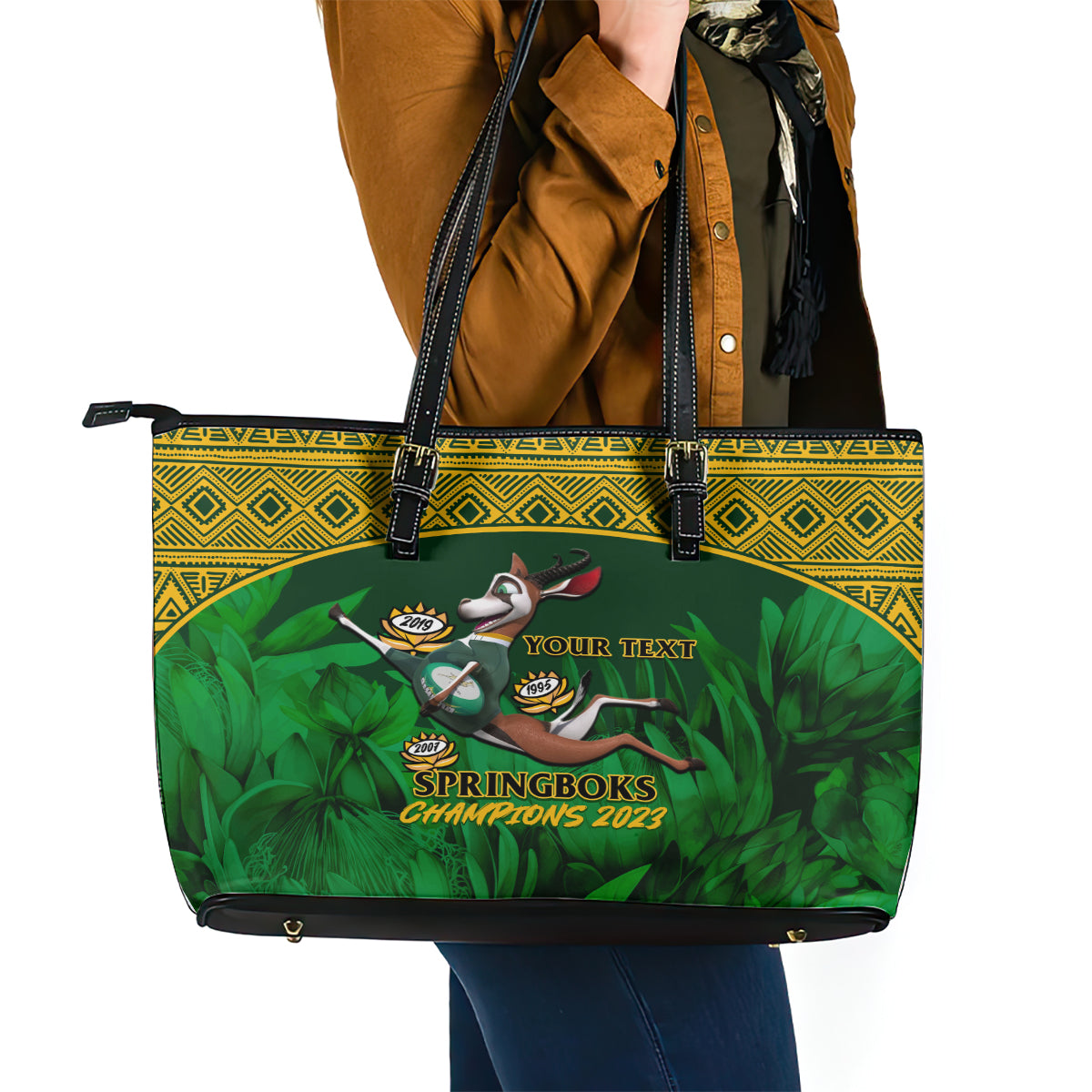 Custom South Africa Rugby Leather Tote Bag Go Bokke World Cup Champions History LT14