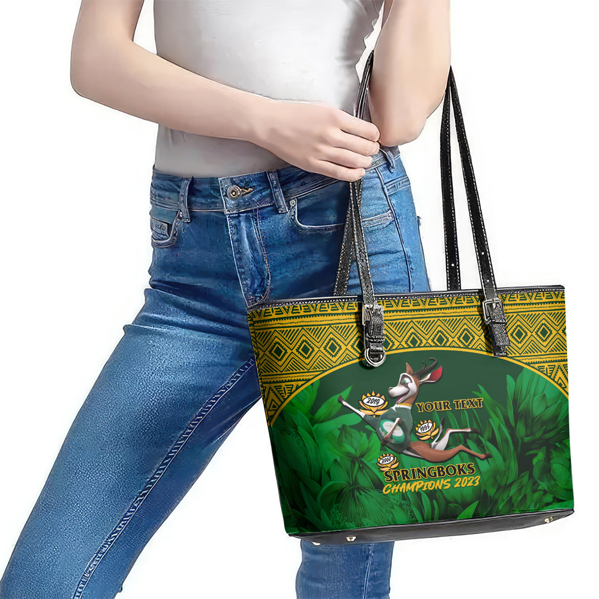 Custom South Africa Rugby Leather Tote Bag Go Bokke World Cup Champions History LT14