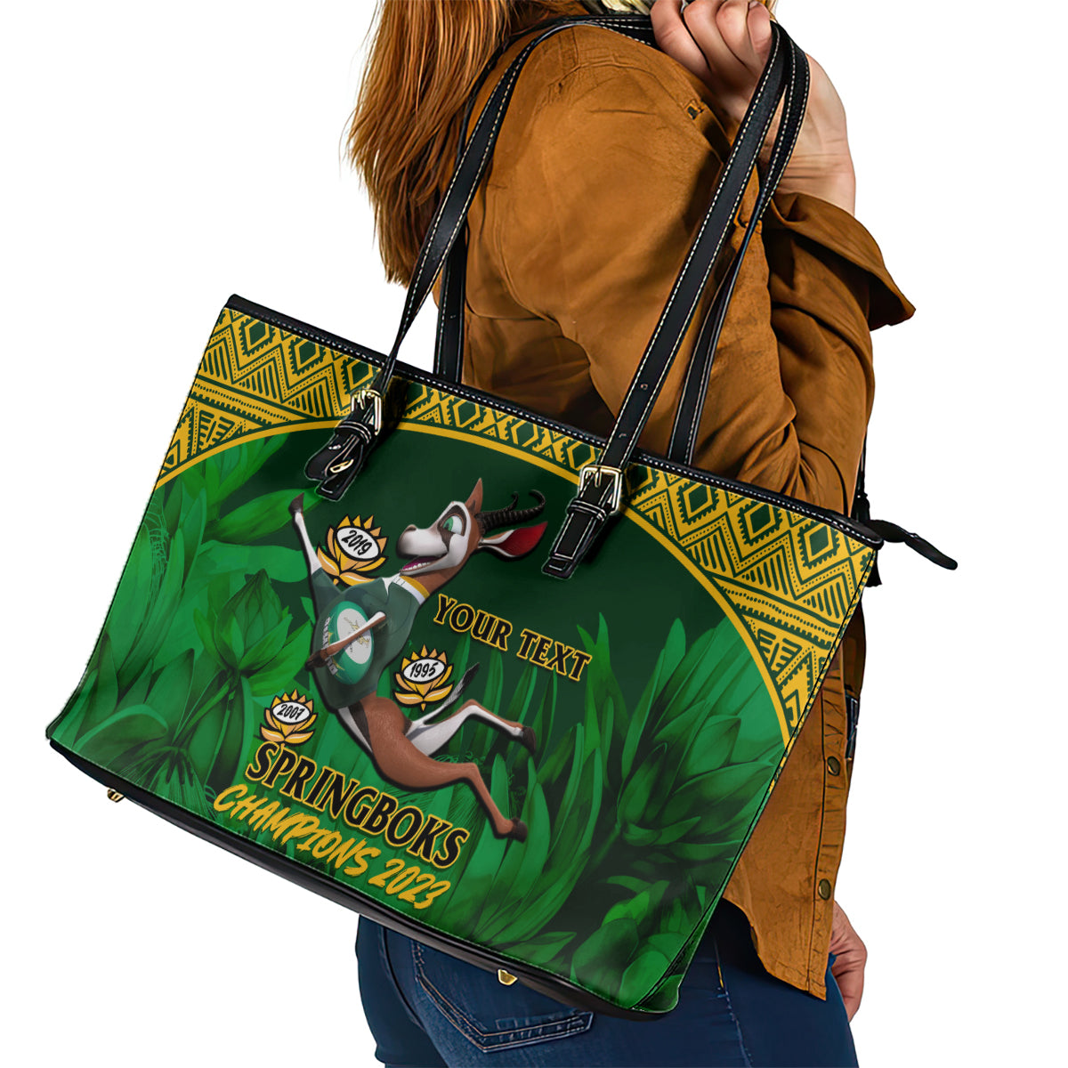 Custom South Africa Rugby Leather Tote Bag Go Bokke World Cup Champions History LT14
