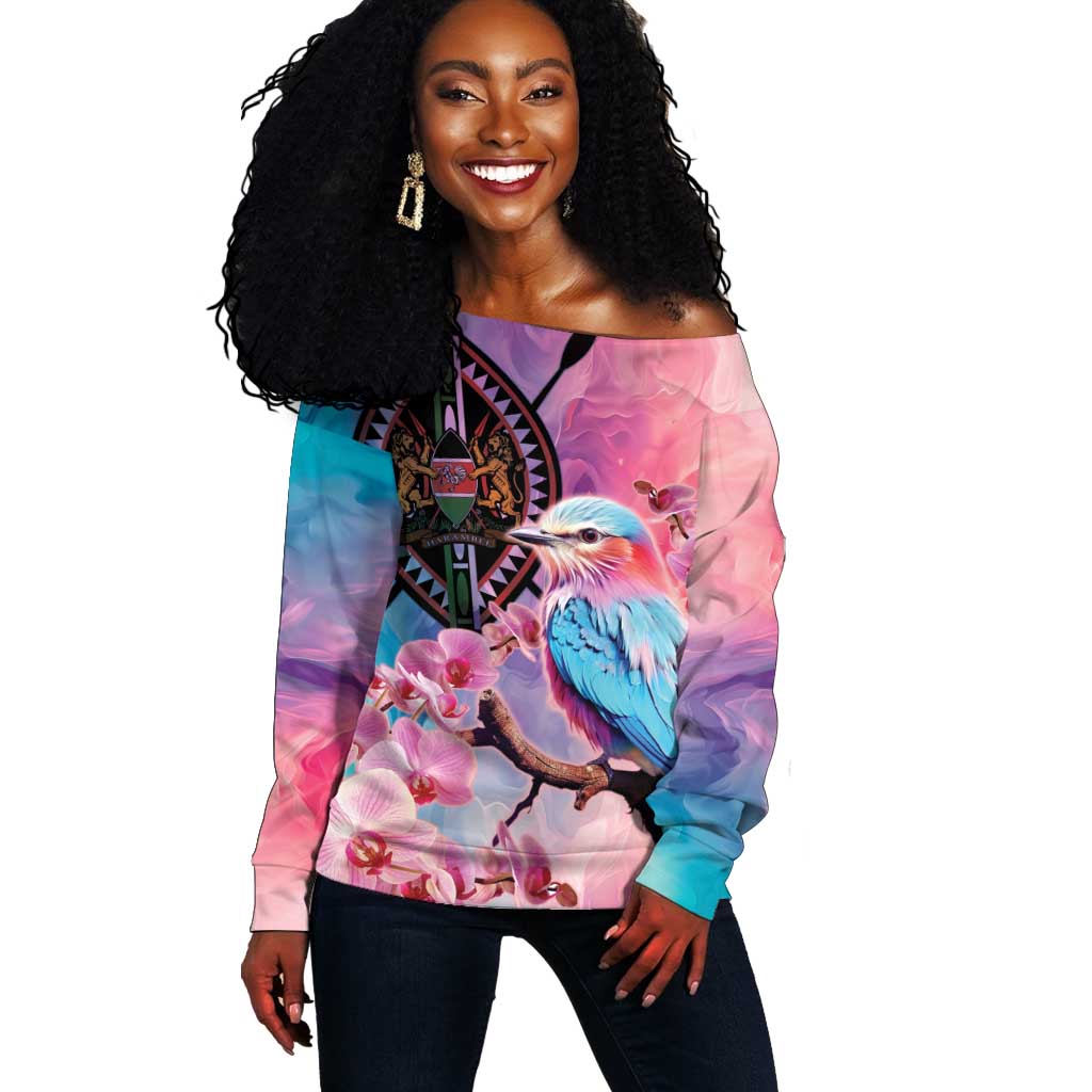 Kenya Lilac-Breasted Roller Off Shoulder Sweater Coat Of Arms Mix Orchid LT14