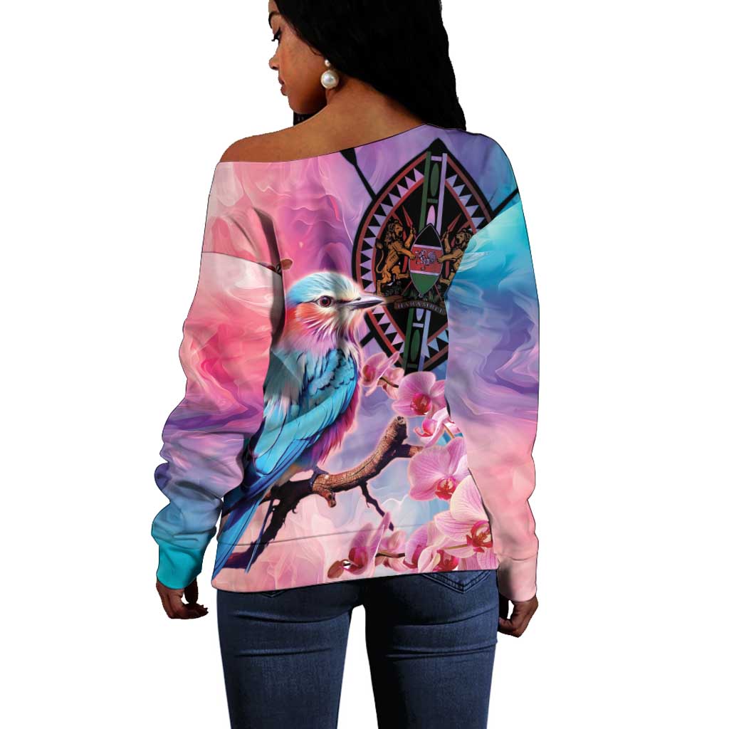 Kenya Lilac-Breasted Roller Off Shoulder Sweater Coat Of Arms Mix Orchid LT14