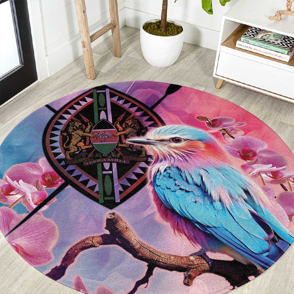 Kenya Lilac-Breasted Roller Round Carpet Coat Of Arms Mix Orchid LT14