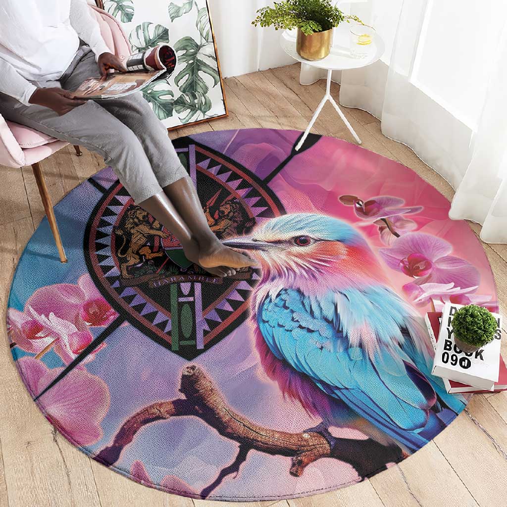 Kenya Lilac-Breasted Roller Round Carpet Coat Of Arms Mix Orchid LT14