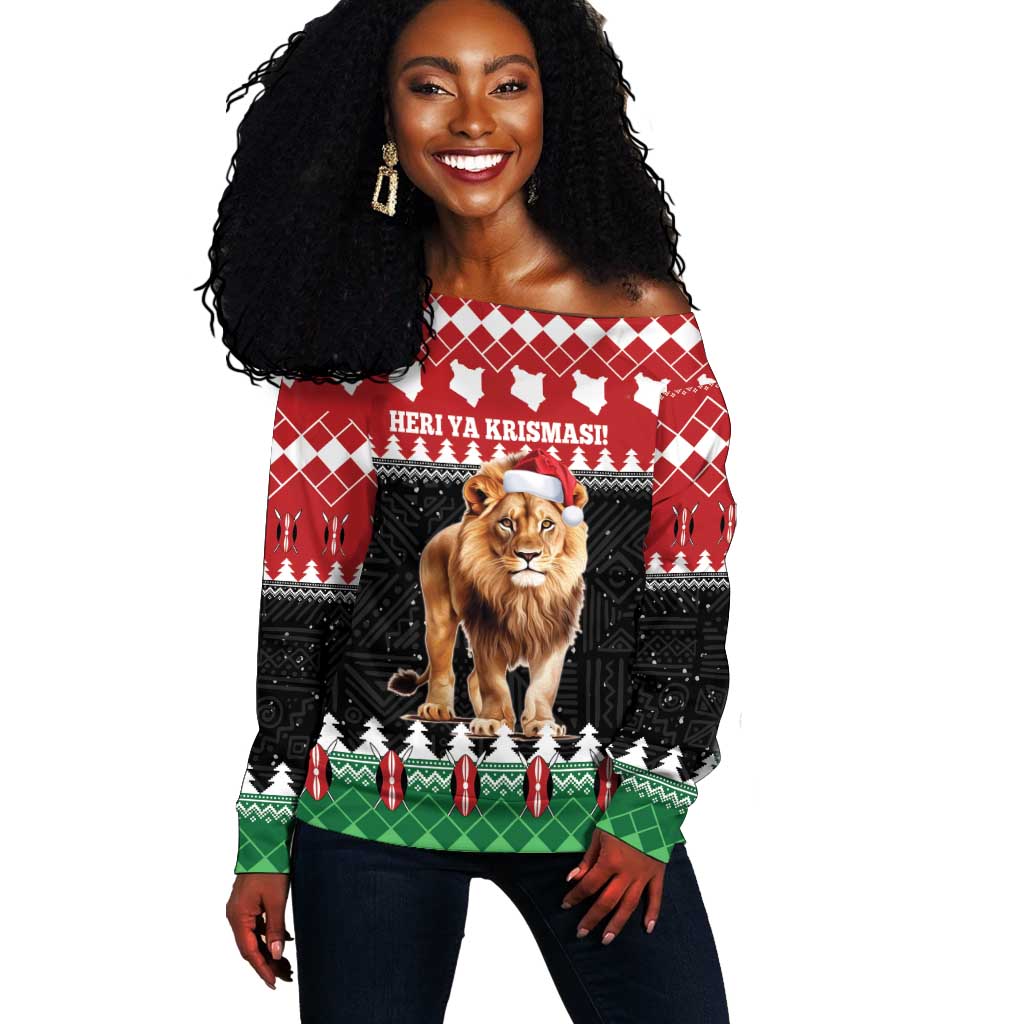 Personalized Kenya Christmas Off Shoulder Sweater Lion Santa - Heri Ya Krismasi! LT14