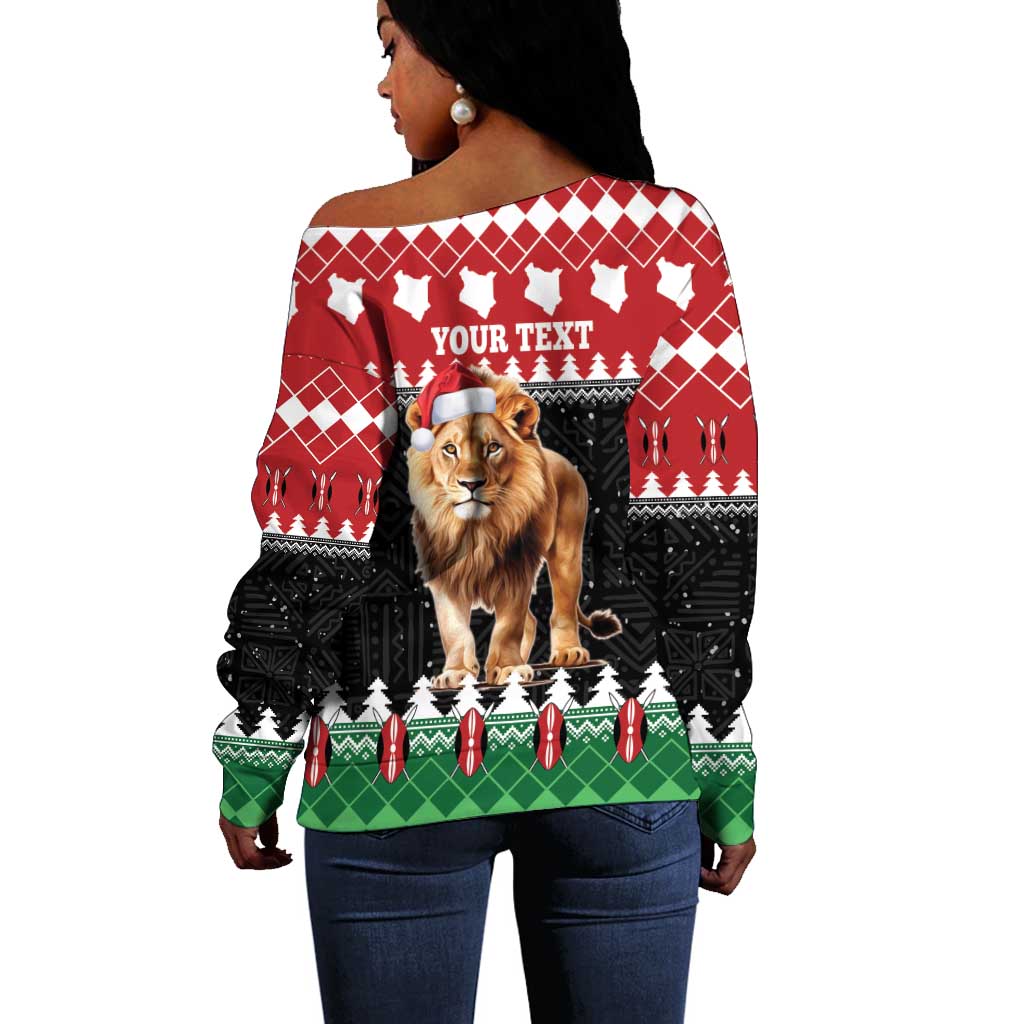Personalized Kenya Christmas Off Shoulder Sweater Lion Santa - Heri Ya Krismasi! LT14