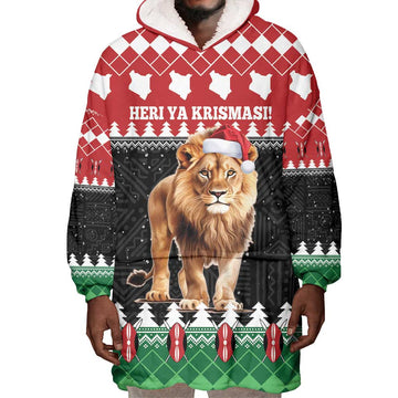 Personalized Kenya Christmas Wearable Blanket Hoodie Lion Santa - Heri Ya Krismasi! LT14