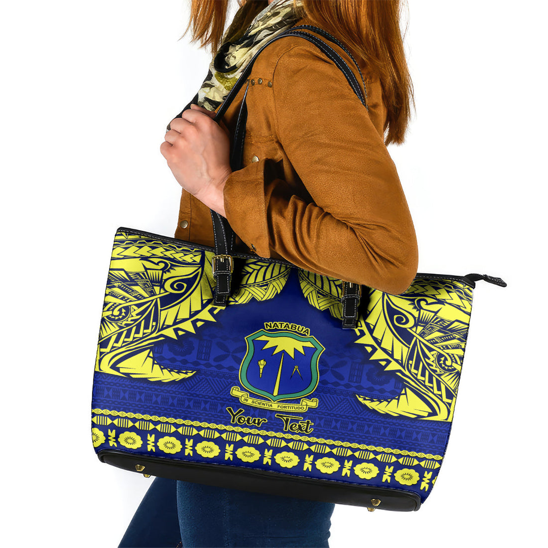 Personalised Fiji Natabua High School Leather Tote Bag Fijian Tapa Pattern LT14