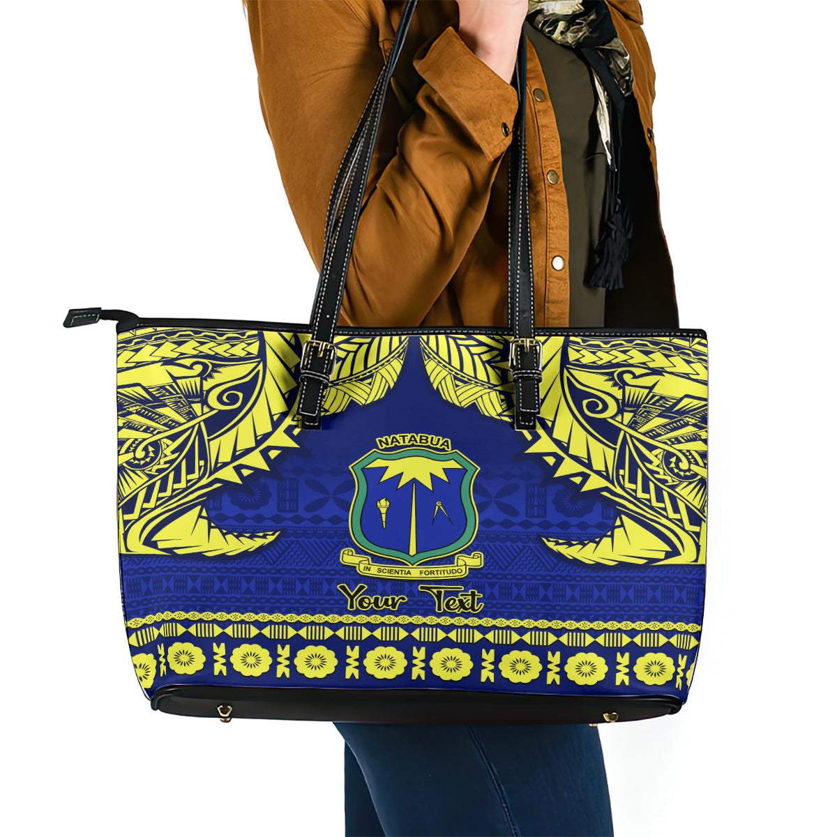 Personalised Fiji Natabua High School Leather Tote Bag Fijian Tapa Pattern LT14