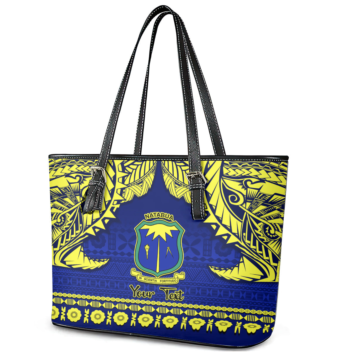 Personalised Fiji Natabua High School Leather Tote Bag Fijian Tapa Pattern LT14