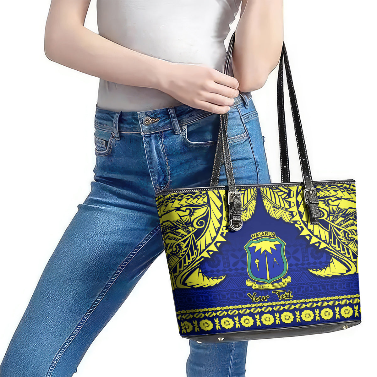 Personalised Fiji Natabua High School Leather Tote Bag Fijian Tapa Pattern LT14